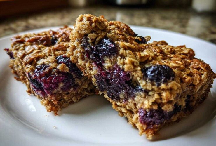 Close-up of two moist Blueberry Baked Oatmeal Squares showing oats and bursting blueberries.