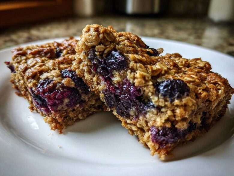 Close-up of two moist Blueberry Baked Oatmeal Squares showing oats and bursting blueberries.