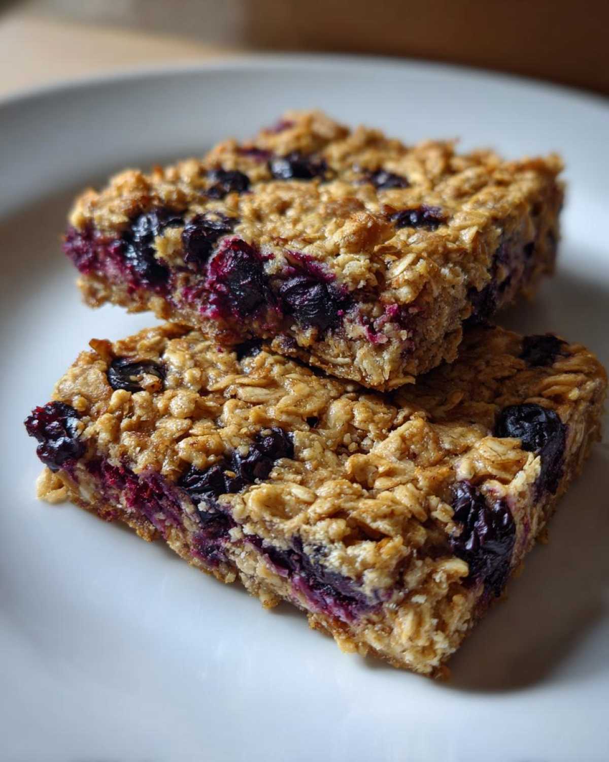 Two thick Blueberry Baked Oatmeal Squares stacked on a white plate, showing oat texture and rich blueberry filling.