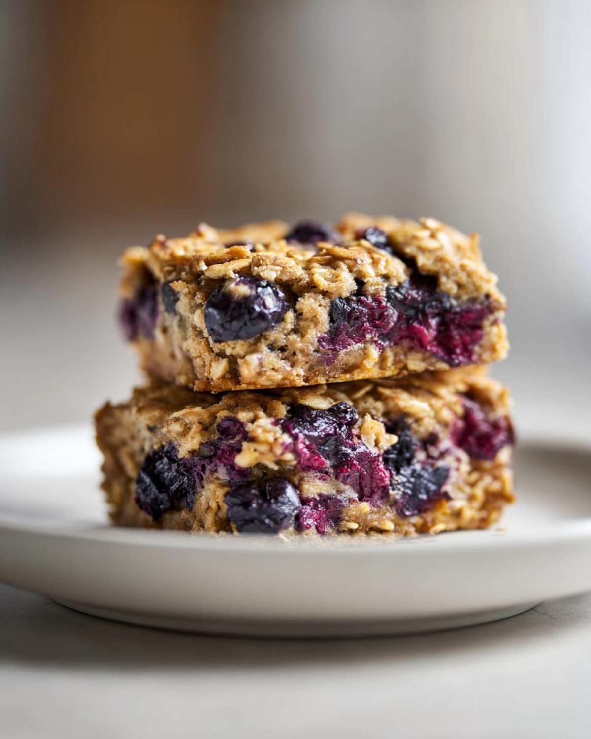 Two stacked Blueberry Baked Oatmeal Squares showing visible oats and burst blueberries in a close-up shot.