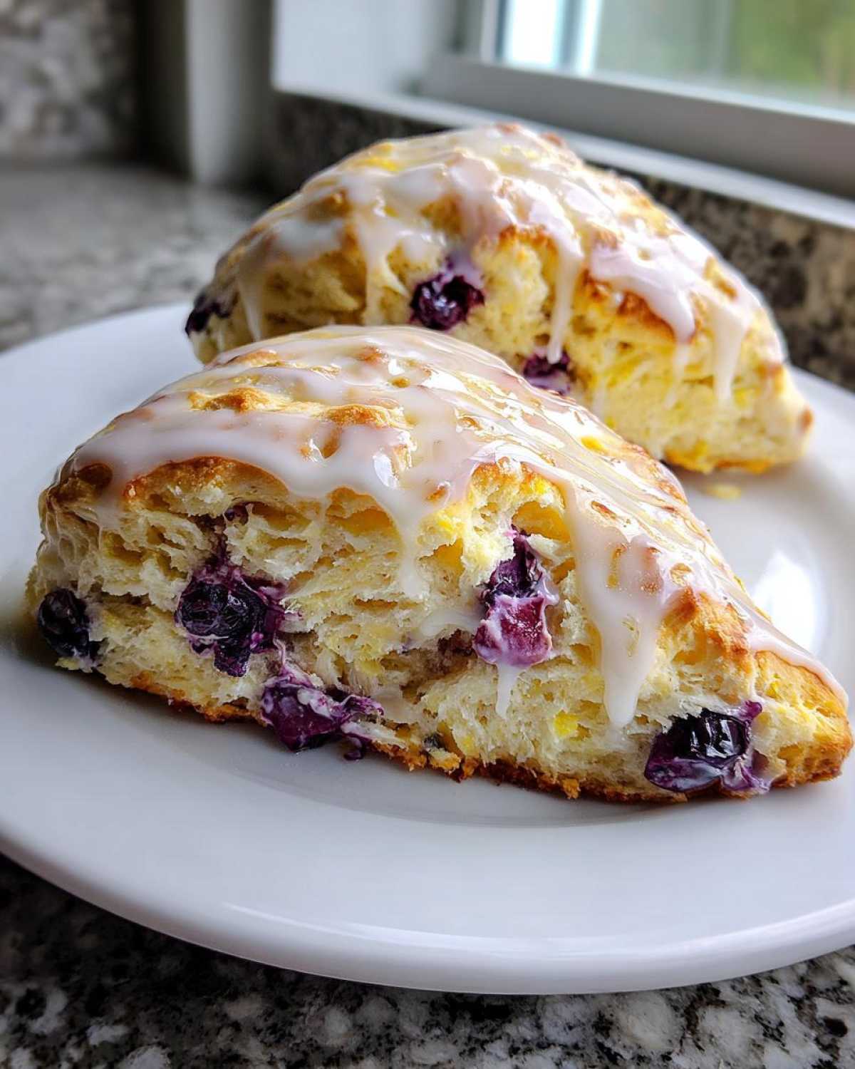 Close-up of two flaky Blueberry Lemon Scones topped with a thick lemon glaze on a white plate.