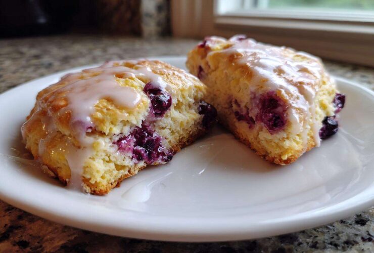Two halves of a flaky Blueberry Lemon Scones, drizzled with a sweet white glaze, resting on a white plate.