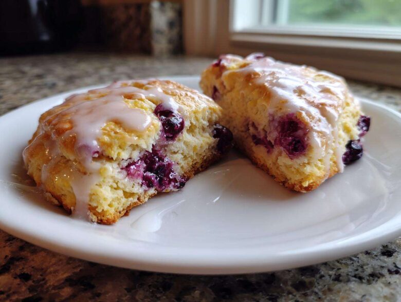 Two halves of a flaky Blueberry Lemon Scones, drizzled with a sweet white glaze, resting on a white plate.