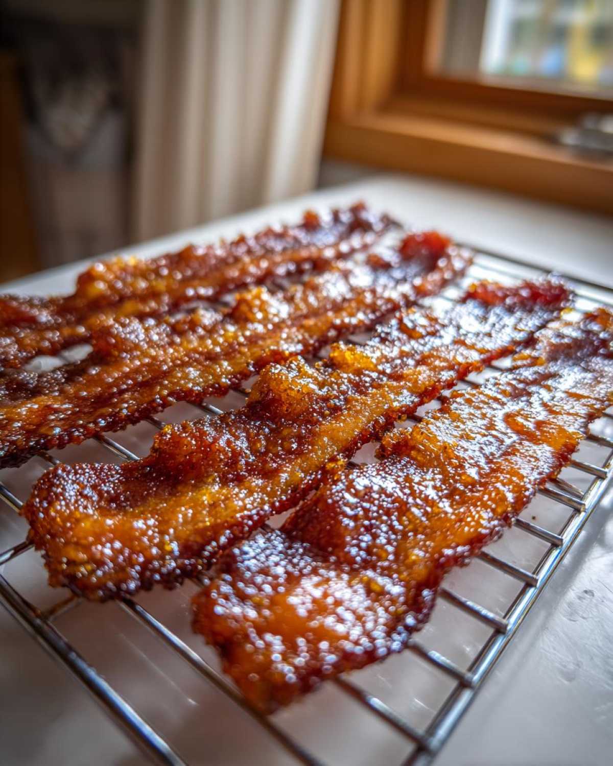 Close-up of crispy Brown Sugar Glazed Bacon strips cooling on a wire rack, glistening with caramelized sugar.