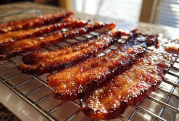 Close-up of shiny, caramelized Brown Sugar Glazed Bacon strips resting on a wire cooling rack.