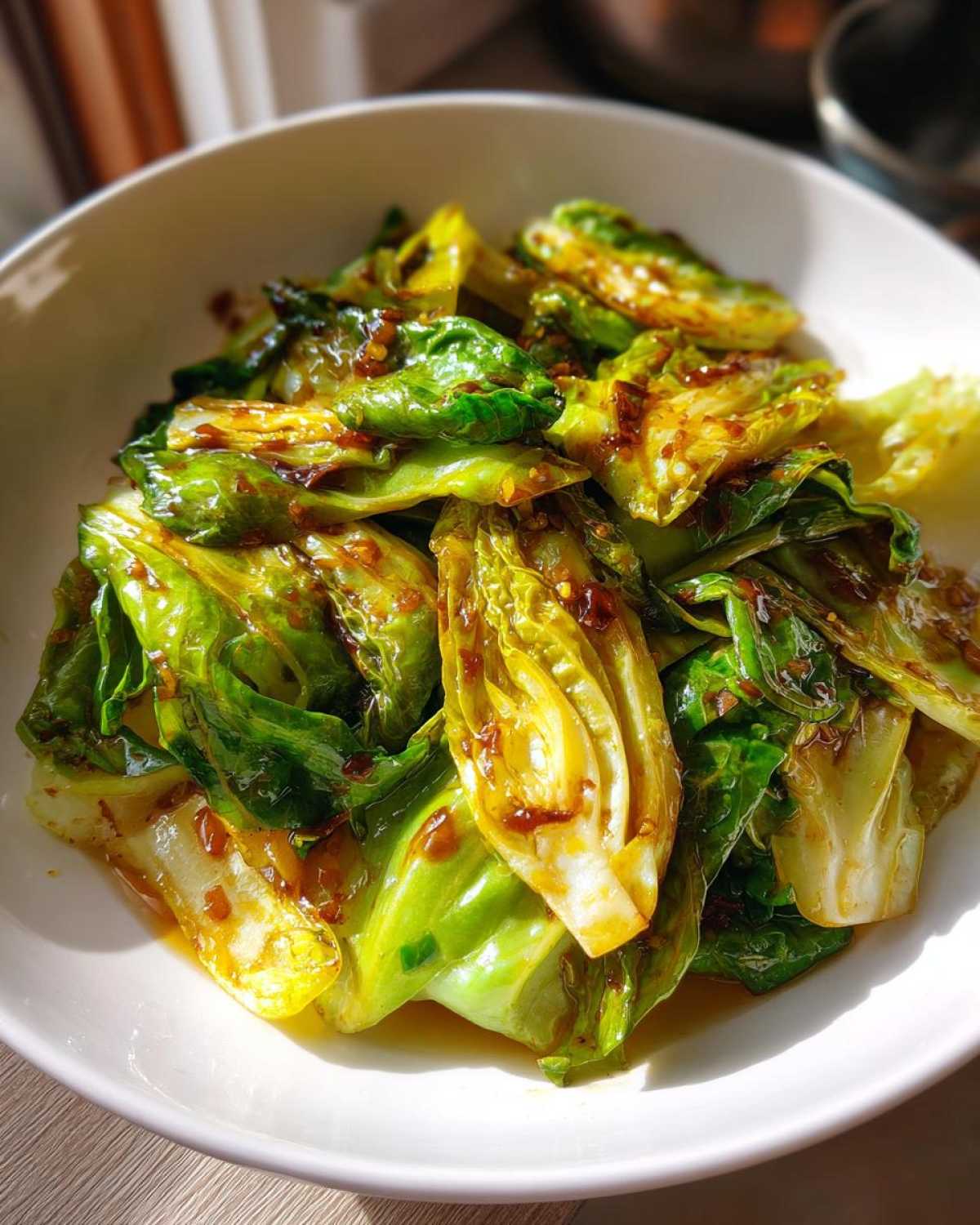 Brightly lit close-up of tender, wilted cabbage pieces coated in a glossy garlic ginger sauce, served in a white bowl.
