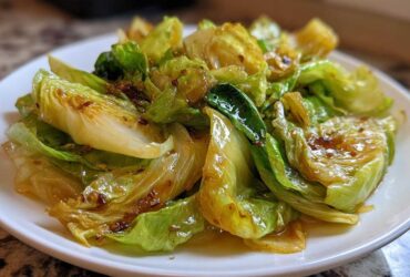A close-up of glossy, wilted cabbage wedges coated in a savory sauce, ready to serve as Cabbage Stir Fry with Garlic Ginger Sauce.