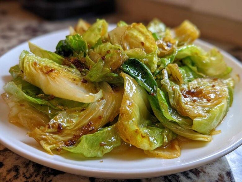 A close-up of glossy, wilted cabbage wedges coated in a savory sauce, ready to serve as Cabbage Stir Fry with Garlic Ginger Sauce.