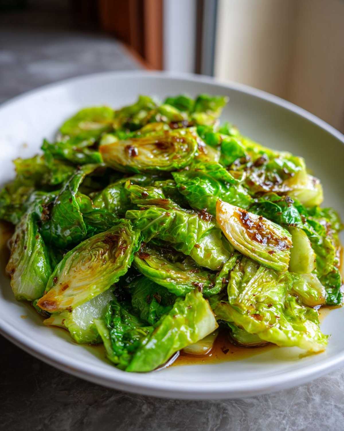 Close-up of bright green, slightly charred cabbage stir fry coated in a savory garlic ginger sauce.