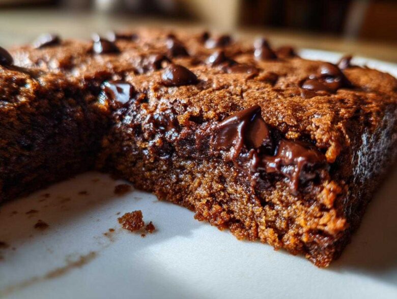 A close-up view showing the moist interior and melted chocolate chips of Chewy Chocolate Chip Cookie Bars.