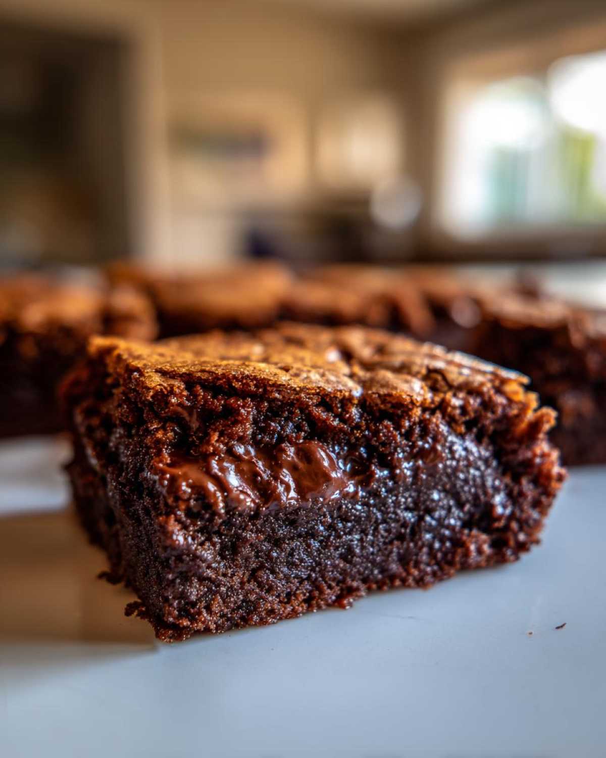 A close-up of a rich, fudgy square of Chewy Chocolate Chip Cookie Bars showing a molten chocolate center.
