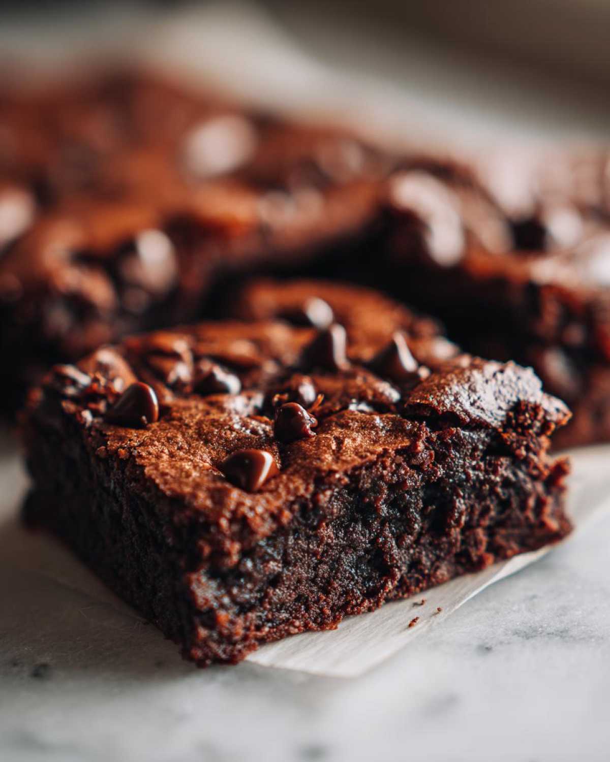 A close-up of a rich, fudgy square of Chewy Chocolate Chip Cookie Bars topped with melted chocolate chips.