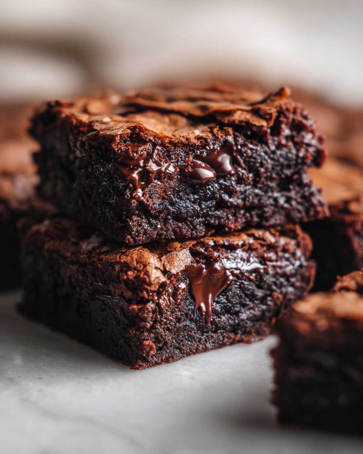 Two stacked, fudgy Chewy Chocolate Chip Cookie Bars showing melted chocolate chips.