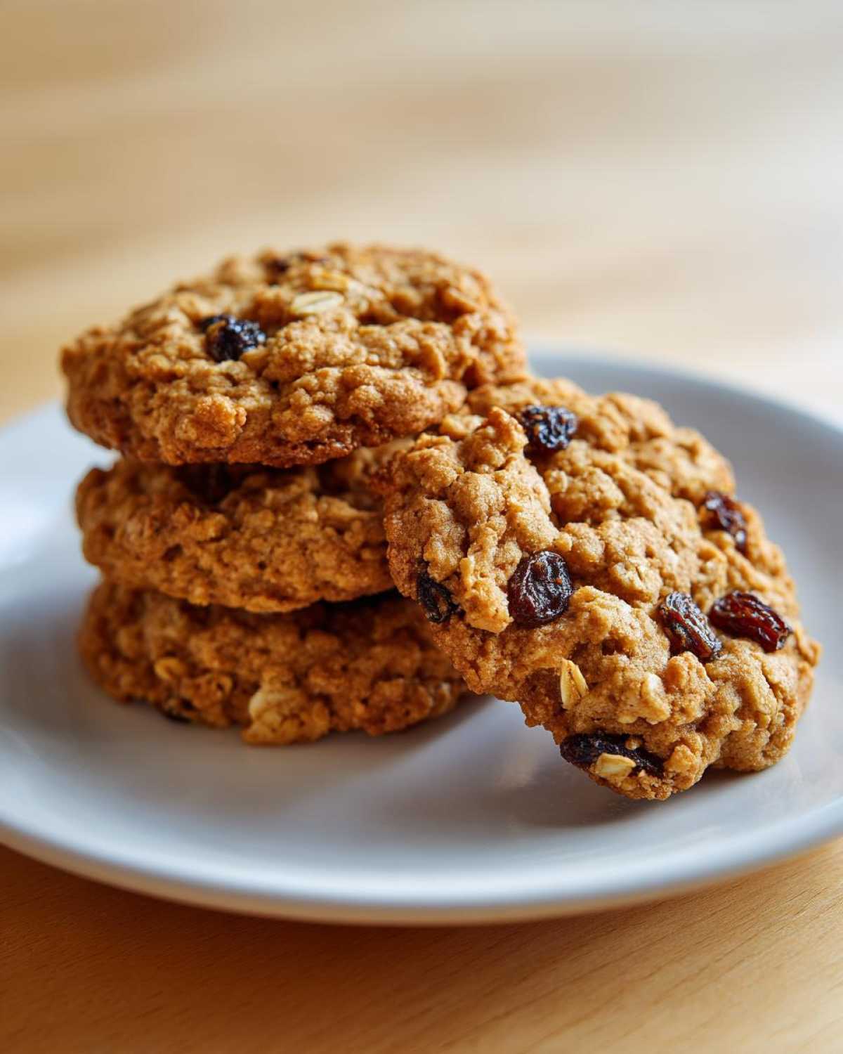 A stack of three chewy Gluten-Free Oatmeal Raisin Cookies on a white plate.
