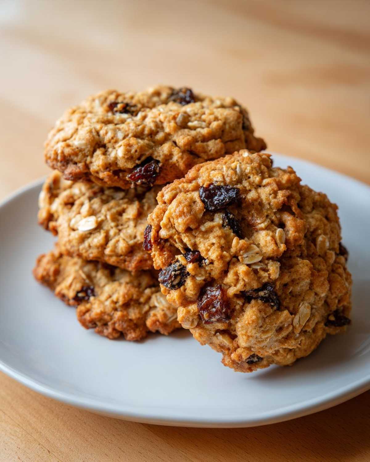 A stack of four chewy Gluten-Free Oatmeal Raisin Cookies on a light gray plate.