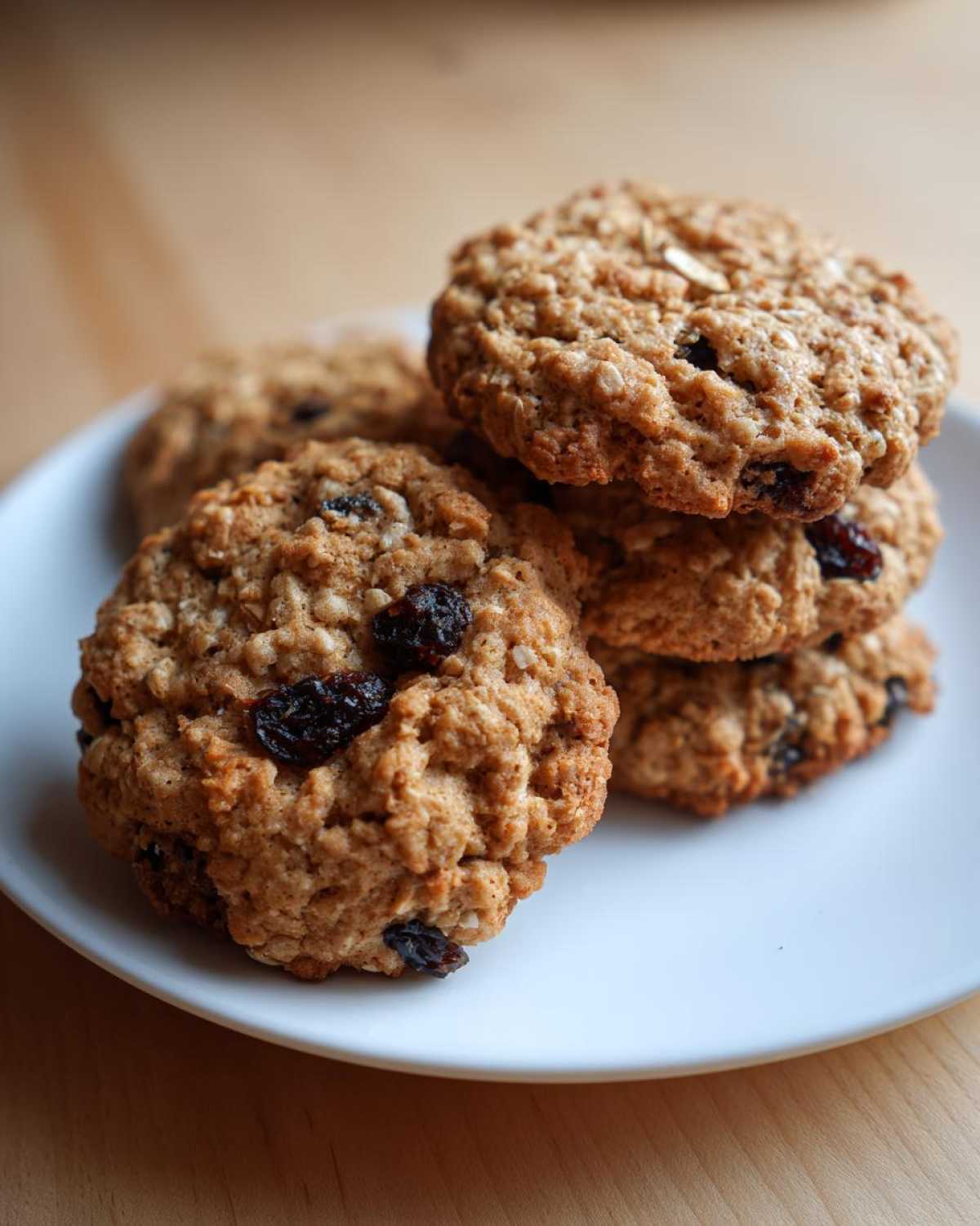A stack of four chewy Gluten-Free Oatmeal Raisin Cookies with visible oats and dark raisins on a white plate.