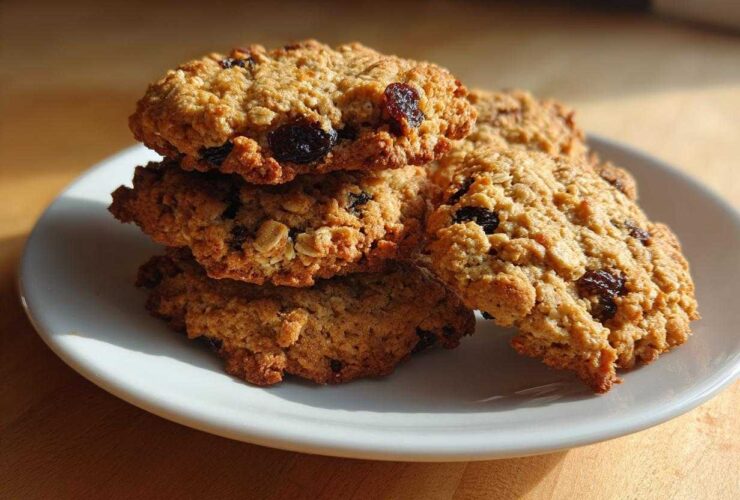 A stack of four chewy Gluten-Free Oatmeal Raisin Cookies with visible oats and raisins on a white plate.