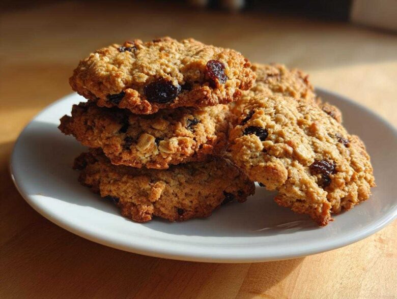 A stack of four chewy Gluten-Free Oatmeal Raisin Cookies with visible oats and raisins on a white plate.