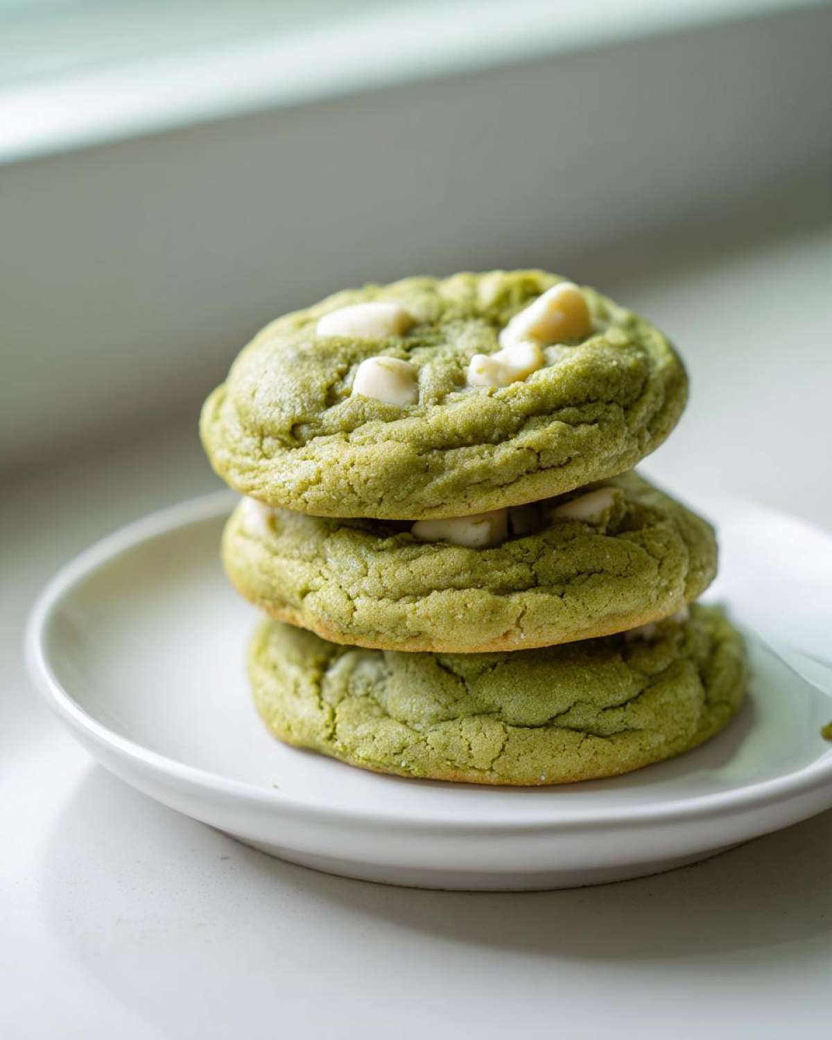 Three chewy matcha white chocolate cookies stacked on a small white plate near a window.