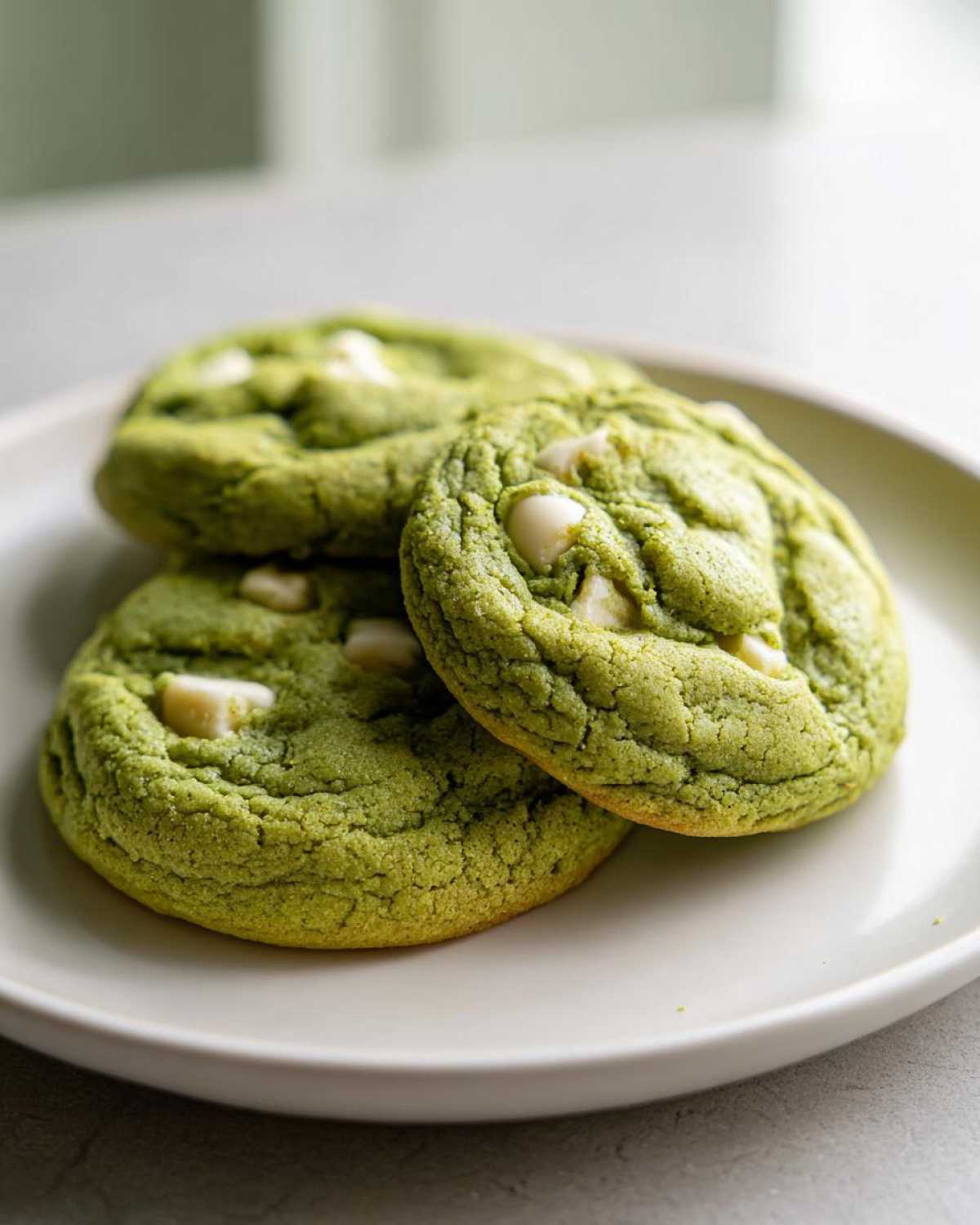 Close-up of three vibrant green, chewy matcha white chocolate cookies stacked slightly on a light beige plate.