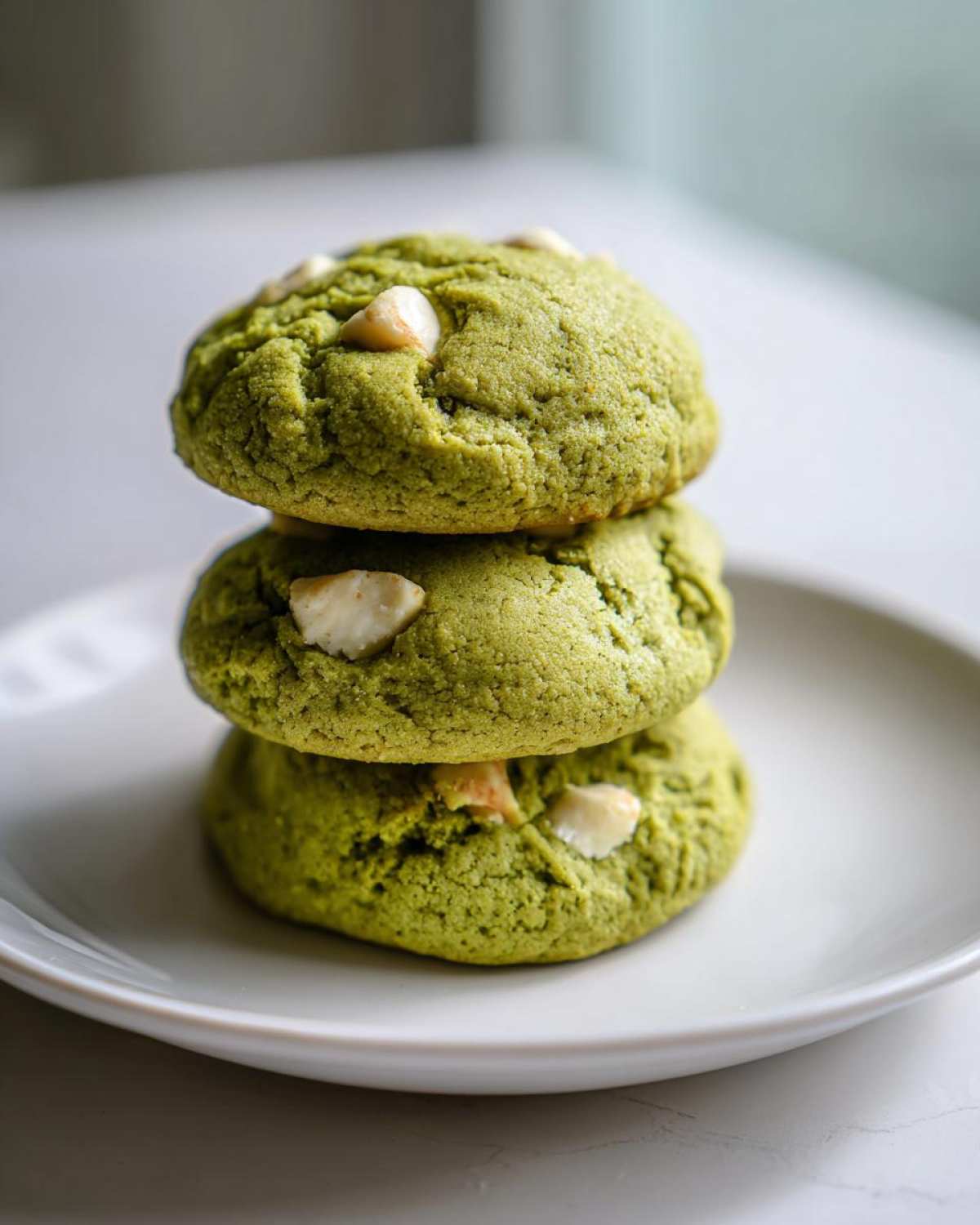 A stack of three vibrant green, chewy matcha white chocolate cookies topped with white chocolate chunks.