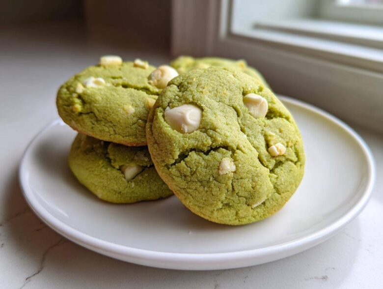 A stack of three chewy matcha white chocolate cookies with visible white chocolate chips on a white plate.