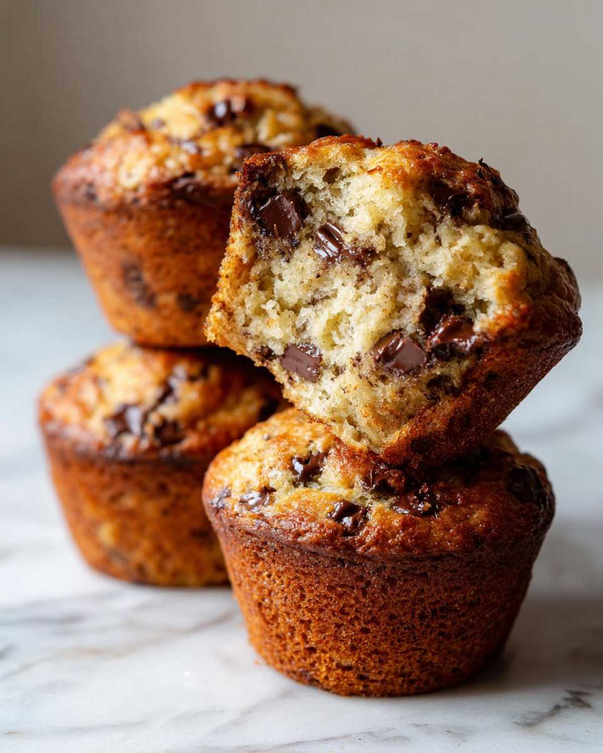 Close-up of stacked Chocolate Chip Banana Muffins, one broken open revealing moist interior and melted chocolate chunks.