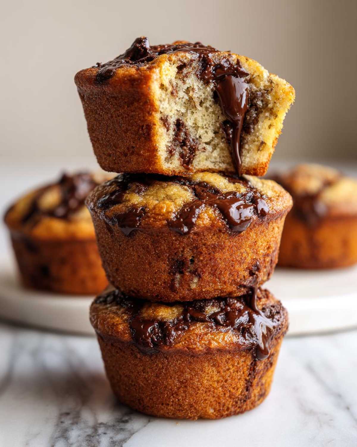 A stack of three moist Chocolate Chip Banana Muffins, topped with melted chocolate drizzle, one muffin cut open.