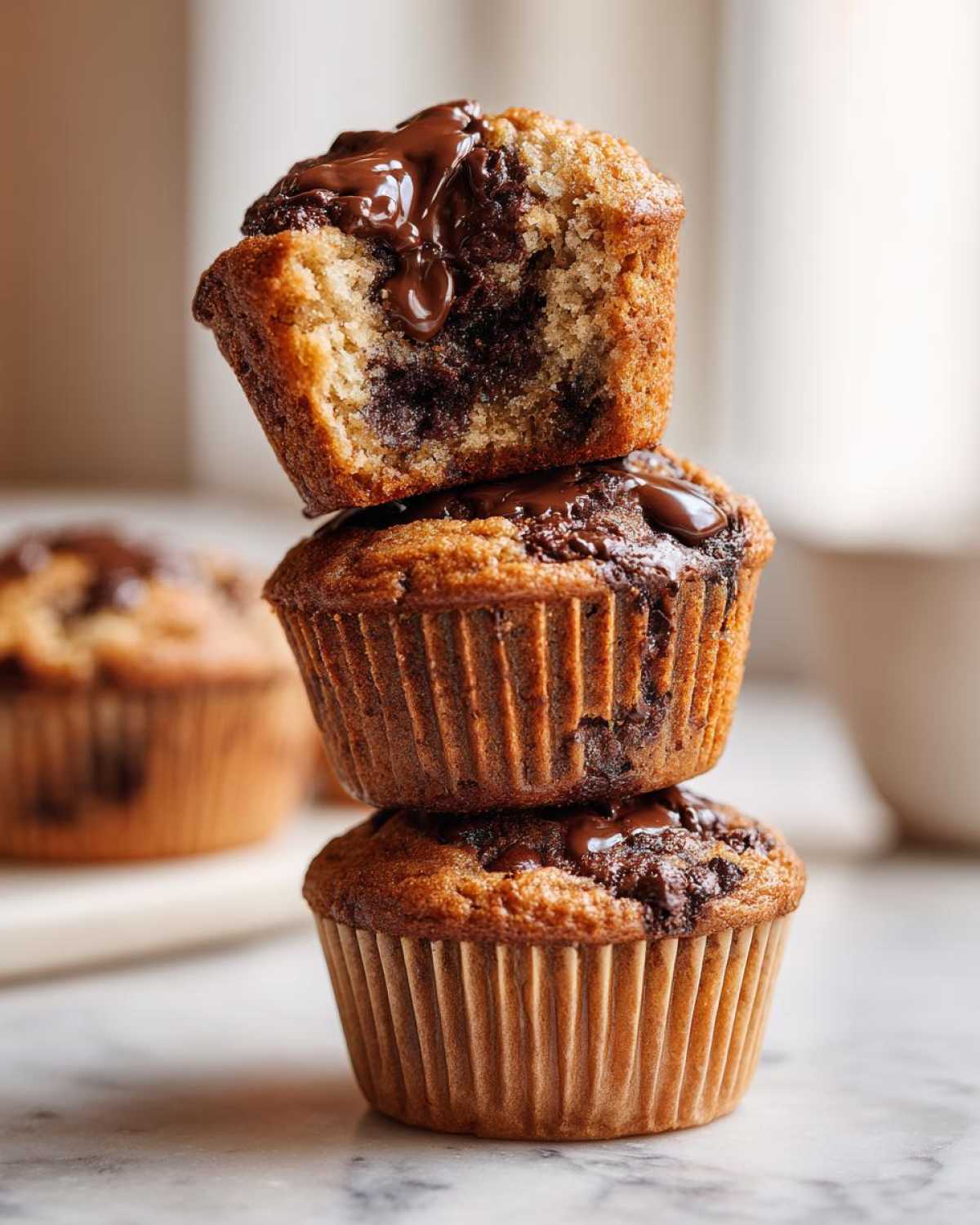 A stack of three moist Chocolate Chip Banana Muffins, with the top one broken open showing melted chocolate chips.