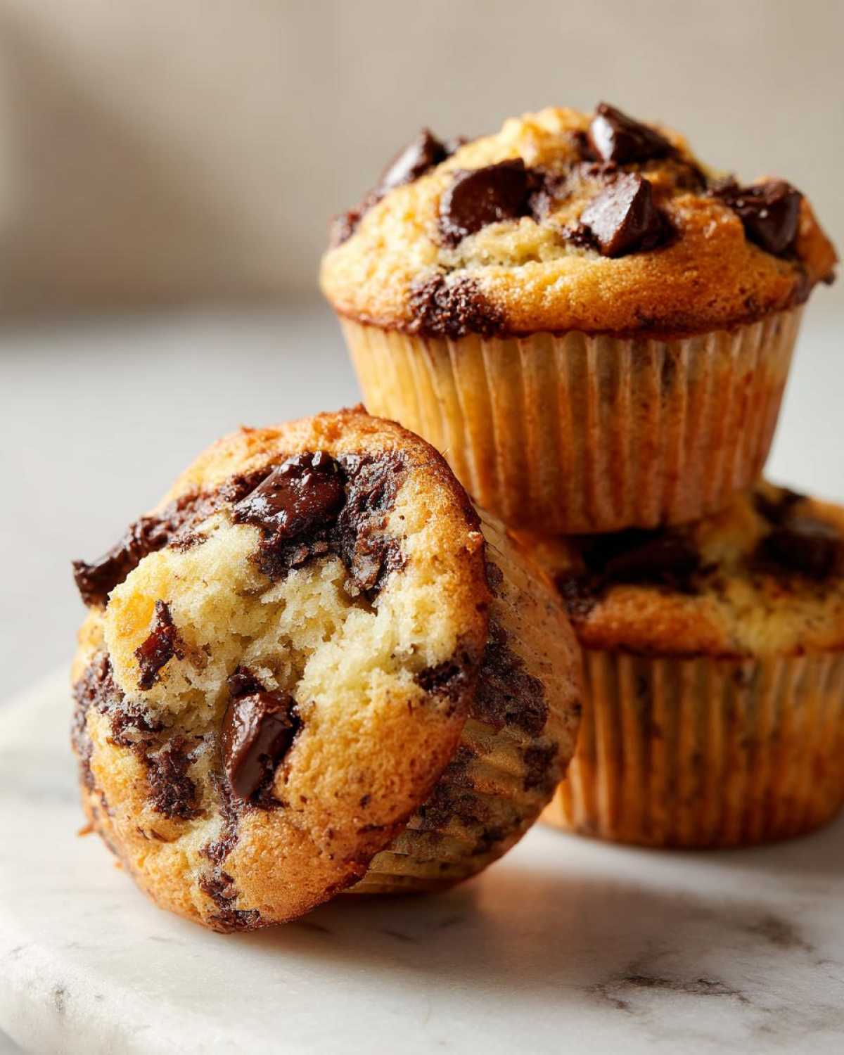 Three moist Chocolate Chip Banana Muffins stacked, with one muffin broken open showing the soft interior and melted chocolate.