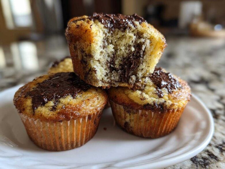A stack of three moist Chocolate Chip Banana Muffins, one broken open to show the interior.