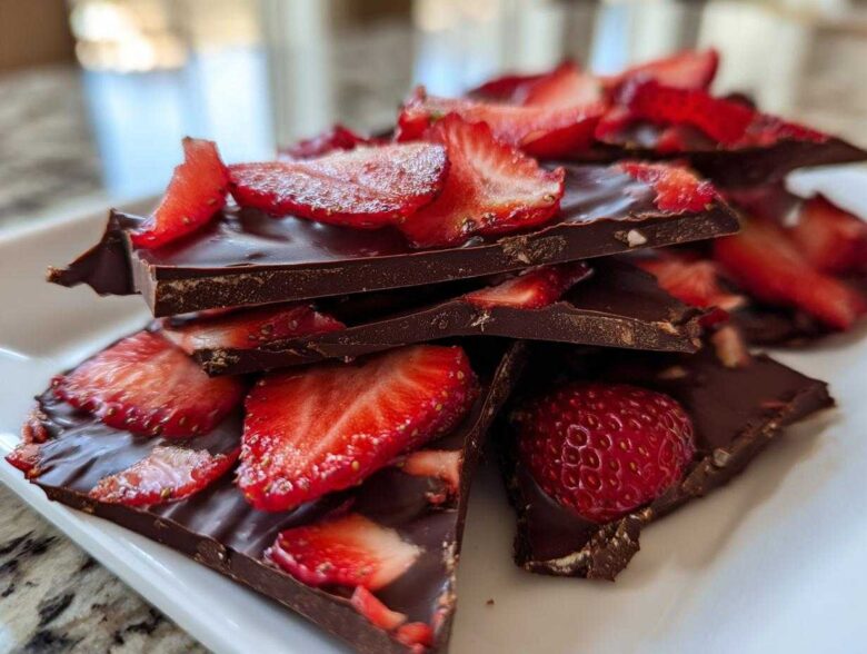 Stack of broken pieces of dark Chocolate Covered Strawberry Bark topped with fresh, sliced strawberries.