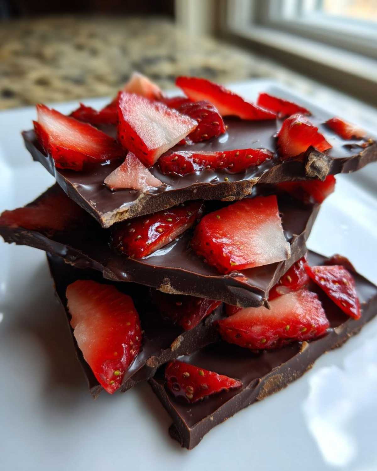 A stack of dark Chocolate Covered Strawberry Bark pieces topped with fresh, sliced strawberries.
