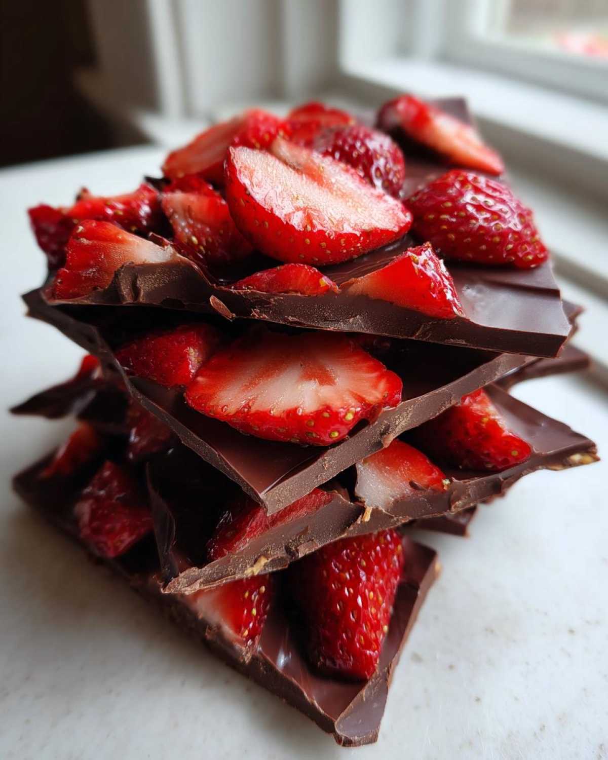 A stack of broken pieces of rich dark Chocolate Covered Strawberry Bark topped with fresh, sliced strawberries.