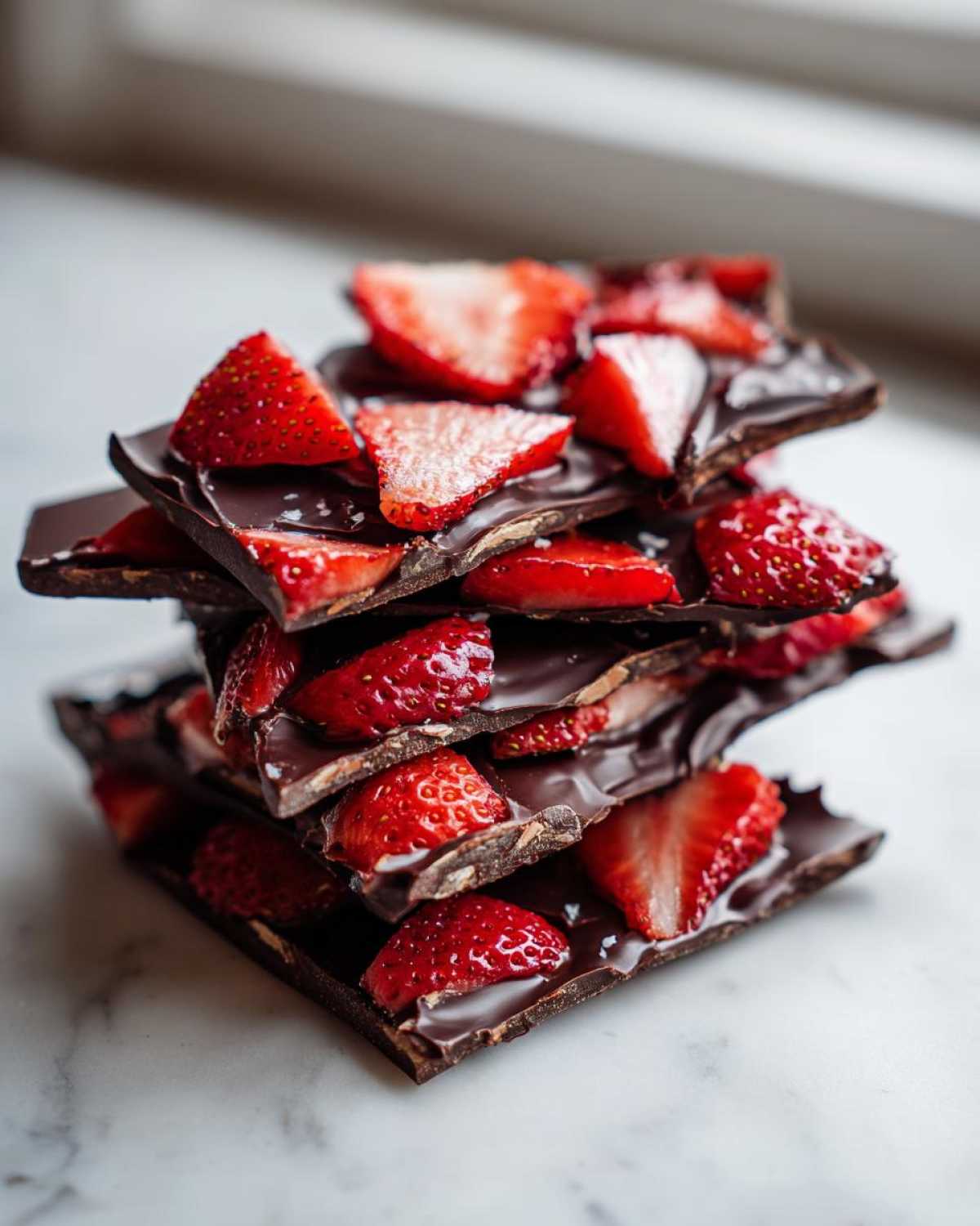 A stack of broken pieces of rich Chocolate Covered Strawberry Bark topped with fresh, sliced strawberries.