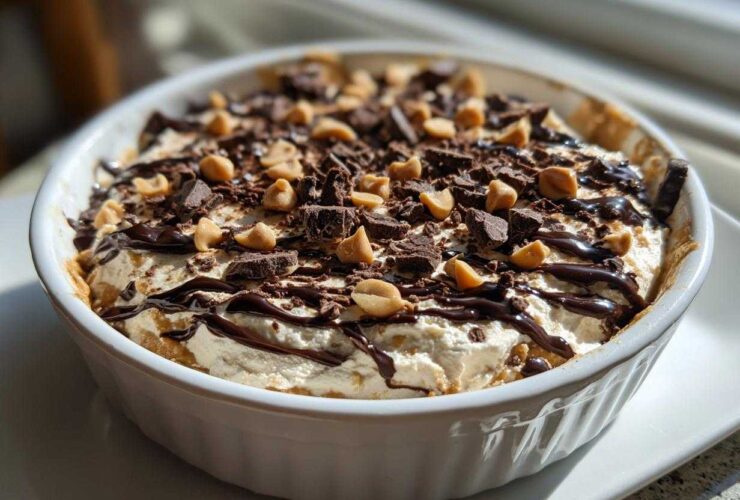 A close-up of Chocolate Peanut Butter Cheesecake Dip topped with chocolate shavings and peanut butter chips.
