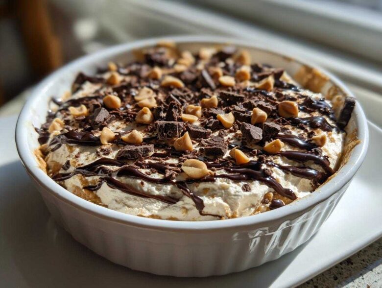 A close-up of Chocolate Peanut Butter Cheesecake Dip topped with chocolate shavings and peanut butter chips.