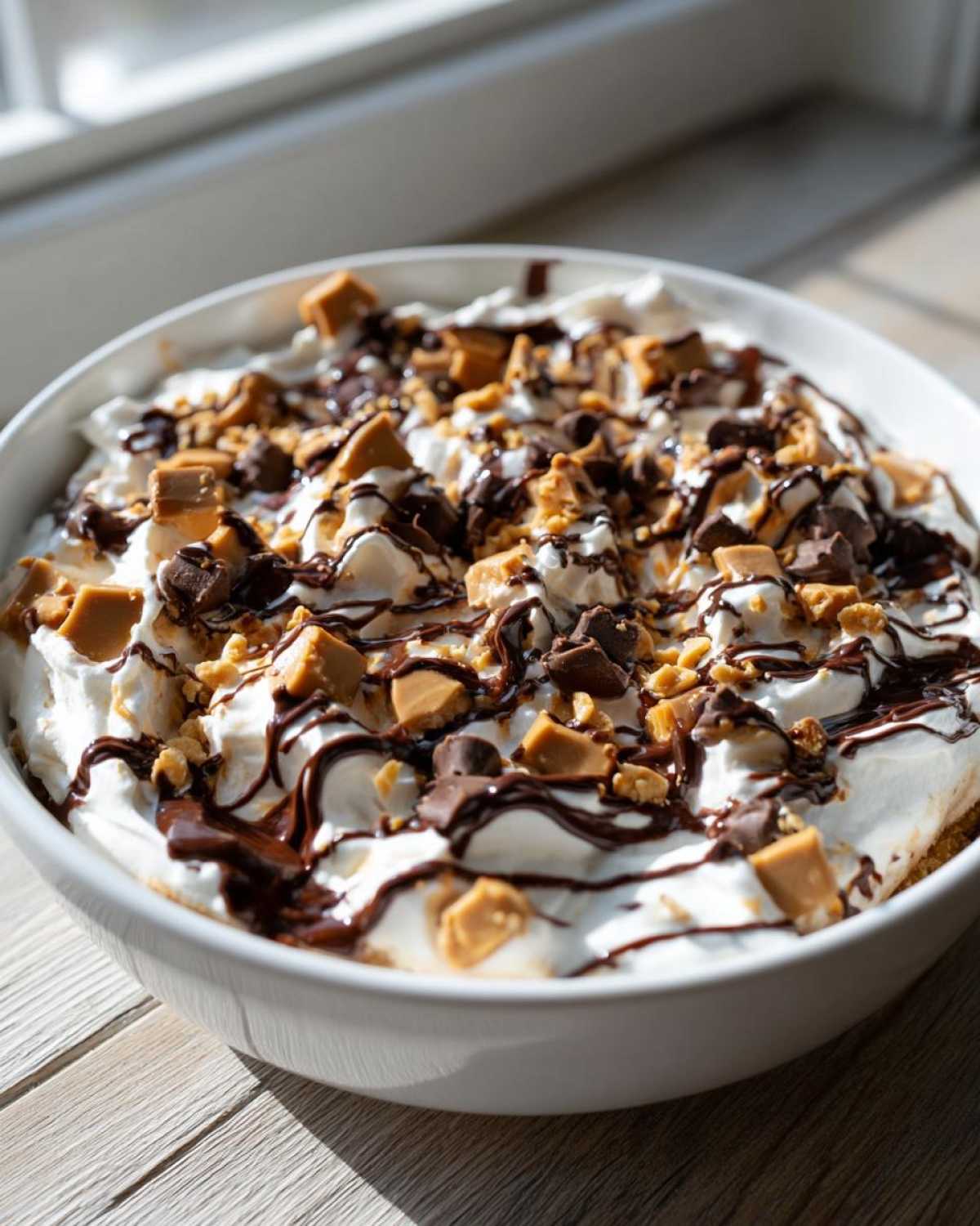 Close-up of Chocolate Peanut Butter Cheesecake Dip topped with whipped cream, chocolate drizzle, and peanut butter cups.