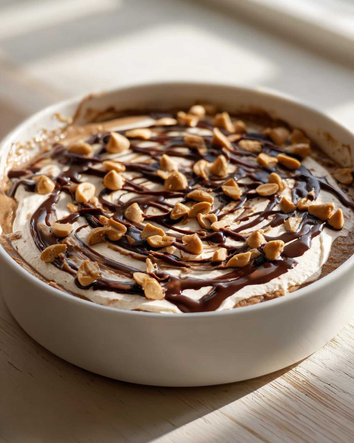 A close-up of Chocolate Peanut Butter Cheesecake Dip topped with whipped cream, chocolate drizzle, and chopped peanuts.