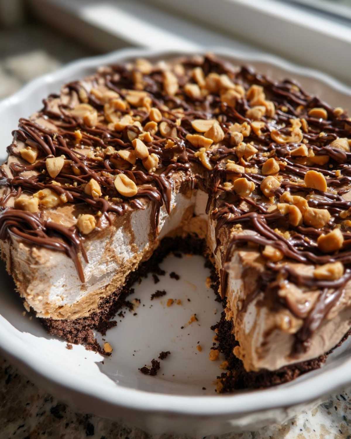 A slice removed from the Chocolate Peanut Butter Cheesecake Dip, showing a thick chocolate crust and creamy filling topped with peanuts.