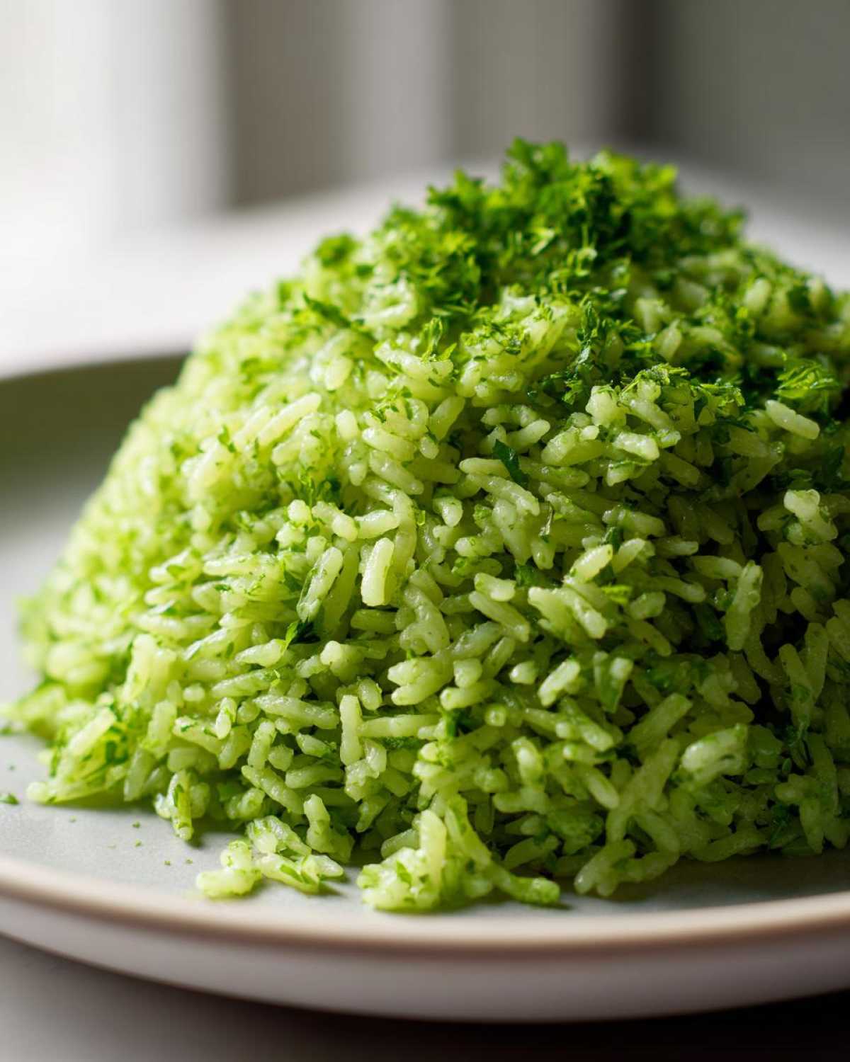 Close-up of bright green Cilantro Lime Rice mounded on a light gray plate, topped with fresh herbs.