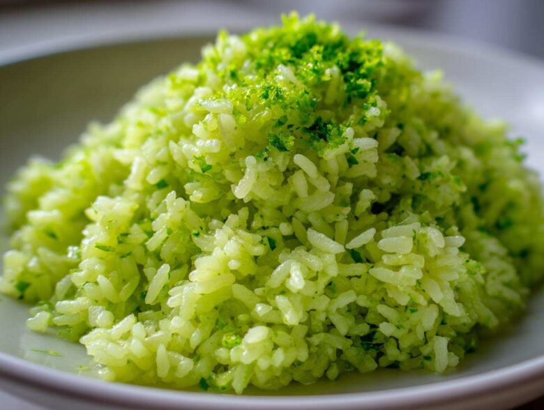 Close-up of bright green Cilantro Lime Rice mounded on a white plate, topped with fresh lime zest.
