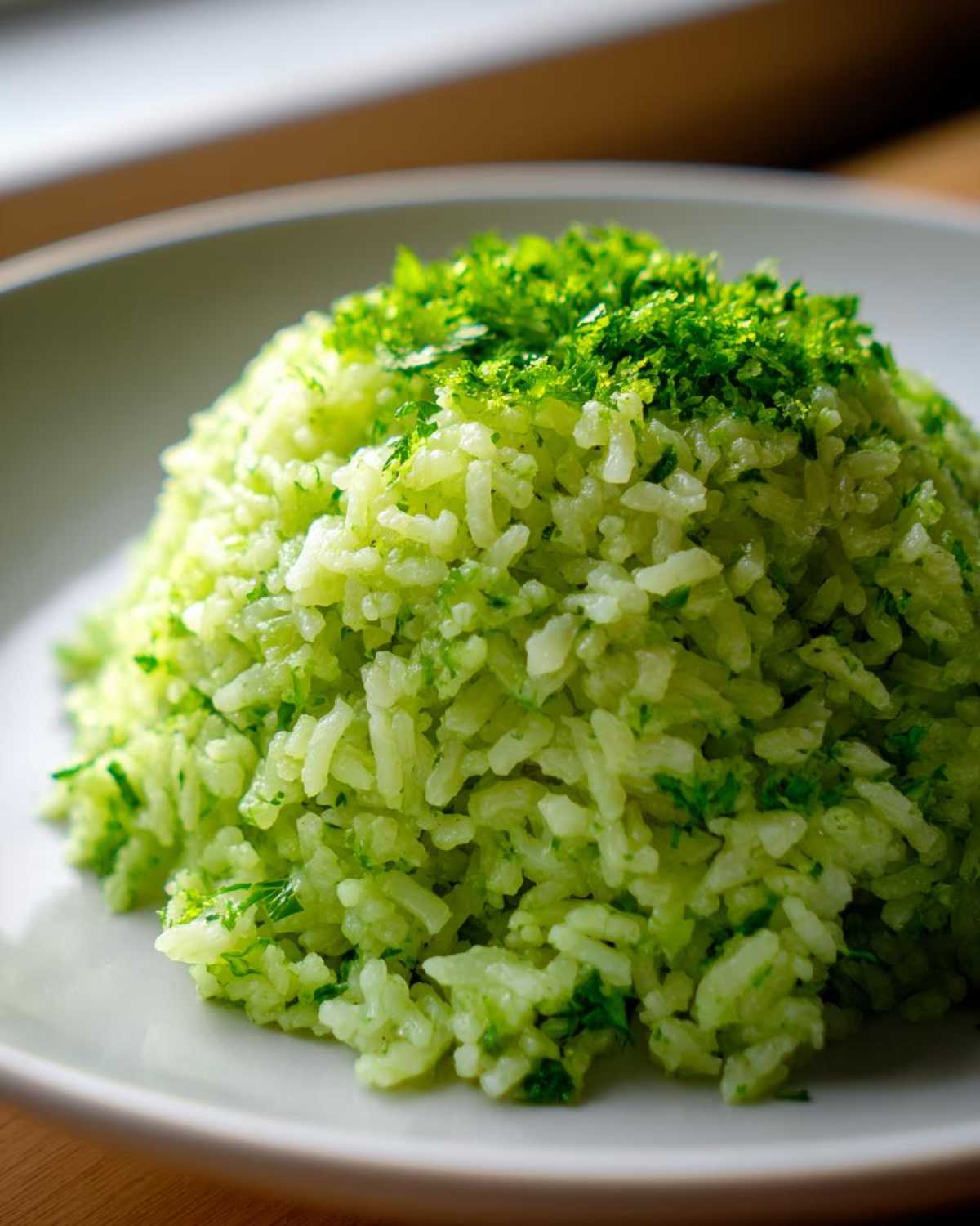 A mound of bright green Cilantro Lime Rice topped with extra chopped cilantro and lime zest.