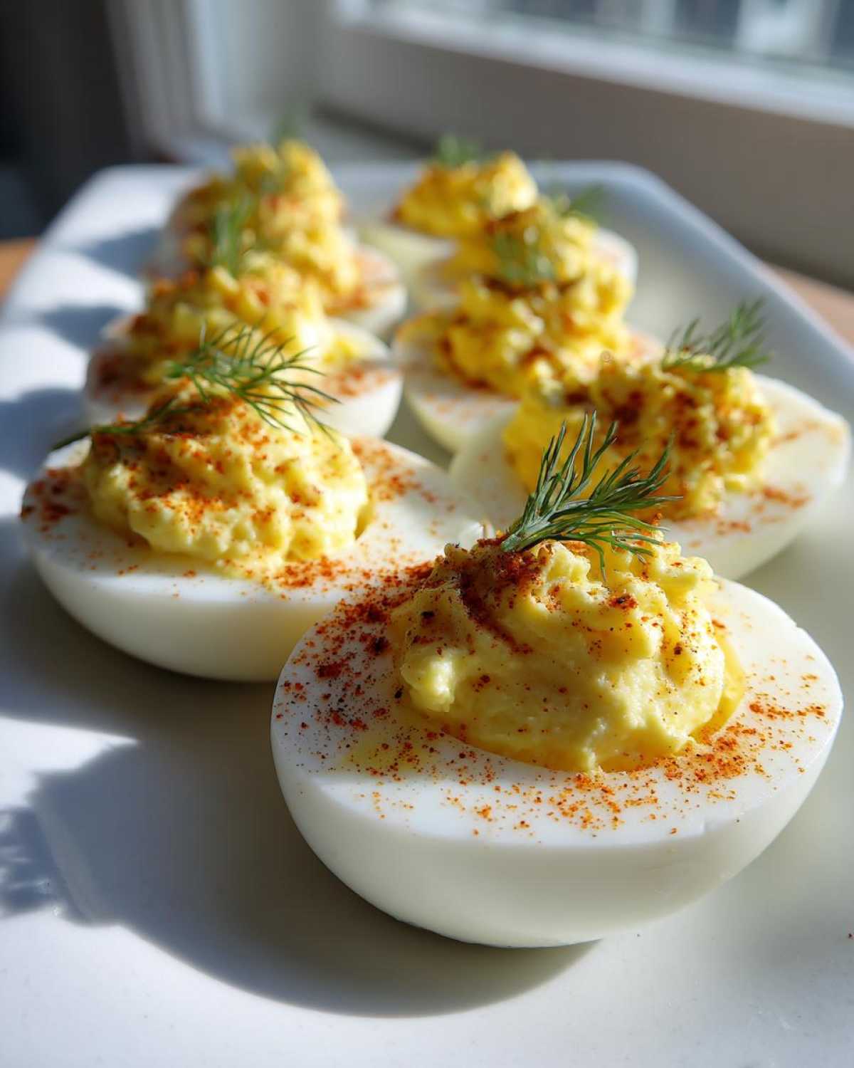 Close-up of Classic Deviled Eggs with Dill Pickle Relish, garnished with paprika and fresh dill sprigs.