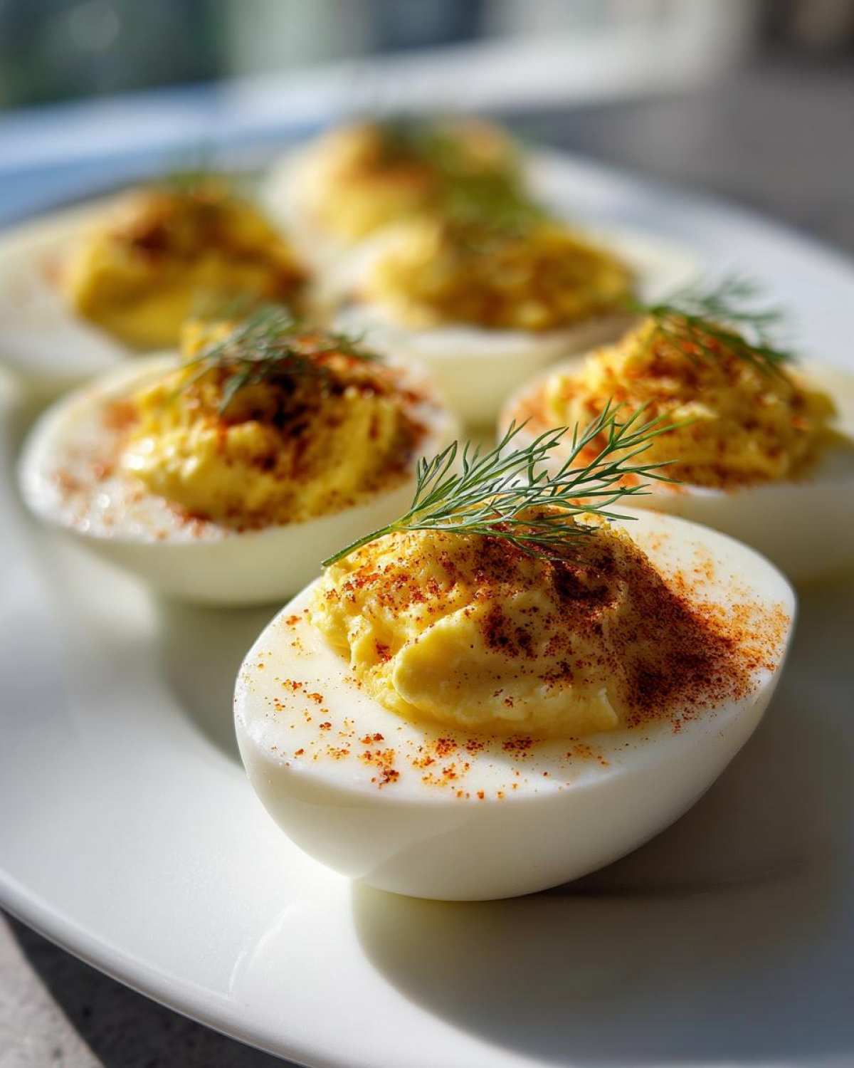 A close-up of several Classic Deviled Eggs with Dill Pickle Relish, garnished with paprika and fresh dill, on a white plate.