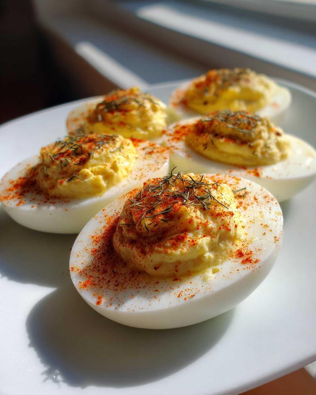 Five halves of Classic Deviled Eggs with Dill Pickle Relish, topped with paprika and herbs, on a white plate.