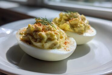 Two halves of Classic Deviled Eggs with Dill Pickle Relish, piped high and sprinkled with paprika and dill.