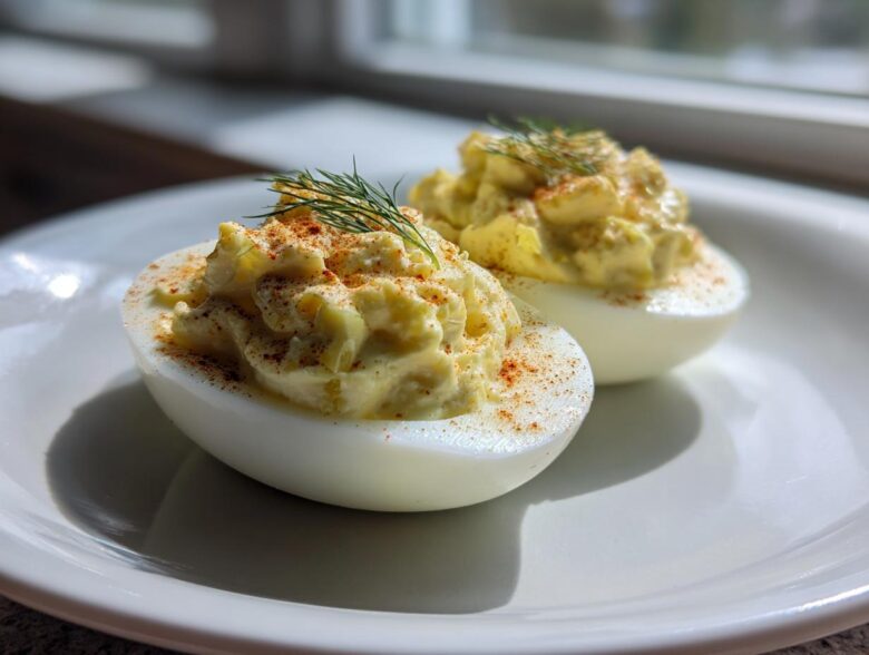 Two halves of Classic Deviled Eggs with Dill Pickle Relish, piped high and sprinkled with paprika and dill.