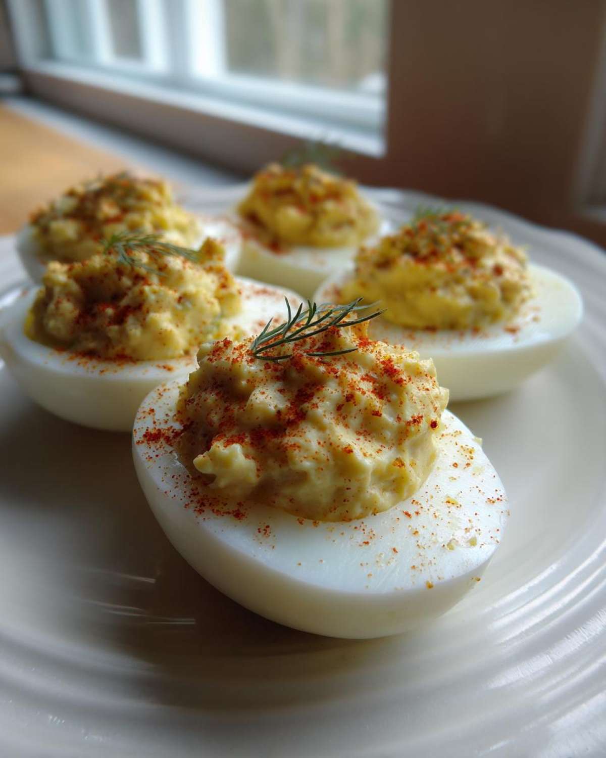 A plate of perfectly made Classic Deviled Eggs with Dill Pickle Relish, garnished with paprika and fresh dill.