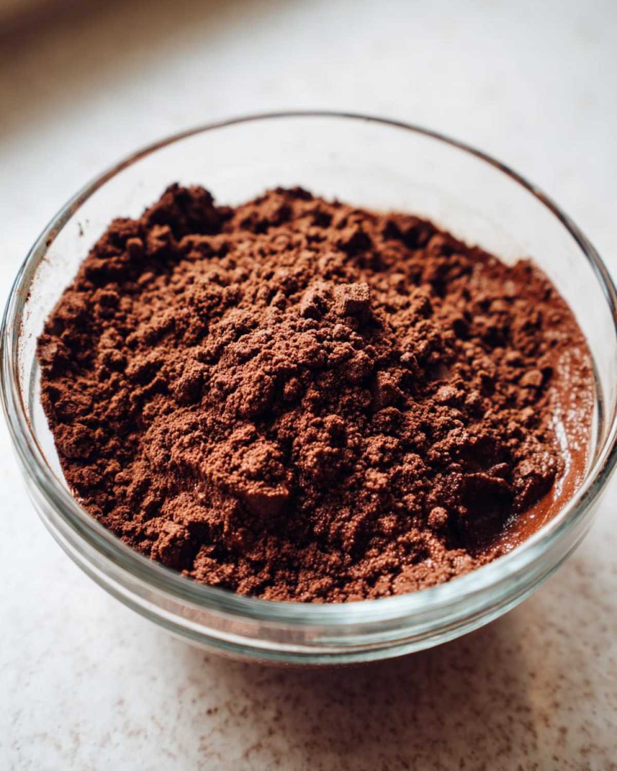 Close-up of rich cocoa powder piled on top of a liquid base in a clear glass bowl for Vegan Chocolate Chia Pudding.